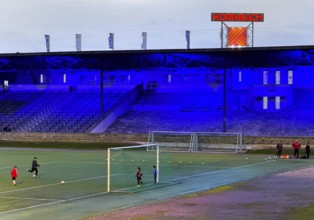 Youth training in the royal blue Glückauf Kampfbahn of FC Schalke 04, Gelsenkirchen, Ruhr area,
