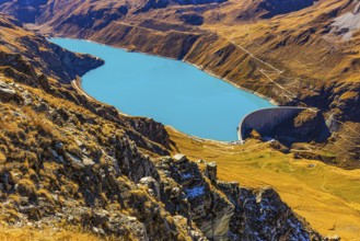 The dam and turquoise lake Lac de Moiry, Val d'Anniviers, Valais Alps, Canton of Valais,