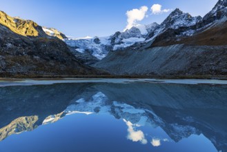 The Moiry glacier and mountain peaks are reflected in Lac de Chateaupre, Val d'Anniviers, Valais