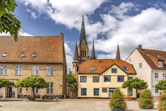 The Town Hall Market in Schleswig's Old Town and St. Peter Cathedral, City of Schleswig,