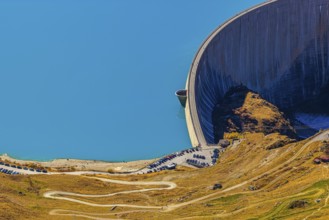 The dam and turquoise lake Lac de Moiry, Val d'Anniviers, Valais Alps, Canton of Valais,