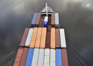 Aerial view of shipping container, container ship NORDIC PORTO photographed from above, Kiel Canal,