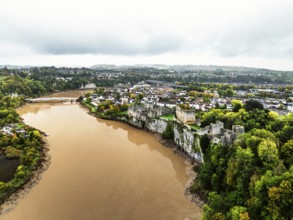 Autumn over Chepstow Castle and River Wye from a drone, Chepstow, Monmouthshire, Wales, UK