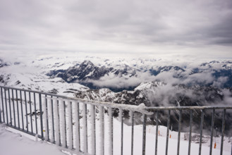 Another onset of winter in May, panorama from the summit station of the Nebelhorn, 2224m, to