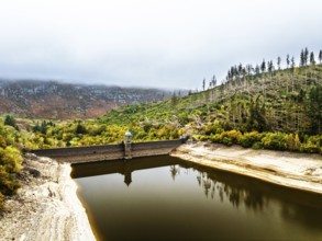 Pen y Garreg Dam and Reservoir from a drone, Elan Valley, Rhayader, Powys, Wales, UK