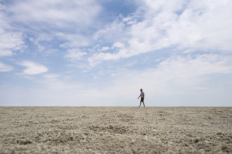 Symbolic picture, abstract, man at the Etosha pan, salt pan, Etosha National Park, Namibia