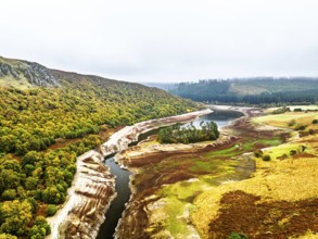Autumn over Craig Goch Dam from a drone, Elan Valley Reservoirs, Elan Valley, Rhayader, Powys,