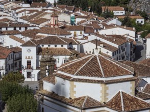 View over the white houses of village Grazalema, Parque natural de la Sierra de Grazalema,