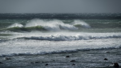 Ocean waves, strong surf, west coast of the Taranaki region, North Island, New Zealand