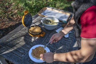 Preparation of waffles with a waffle iron on an outdoor garden table, Othenstorf,