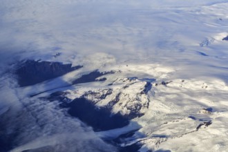 View of glaciers, structures, rocks in ice, snowfields, aerial view, Icelandic highlands, Iceland