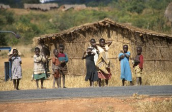 Children in front of a straw hut on the side of the road, Bwangu Mzimba, Malawi, Africa, June 2000,