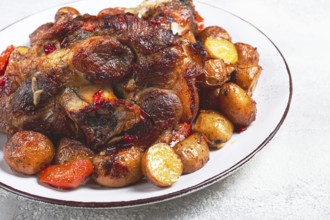 Pork knuckle baked with vegetables, new potatoes, on a white plate, homemade, no people
