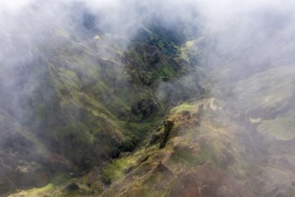 Aerial view, clouds of fog, mountains, Madeira, Portugal