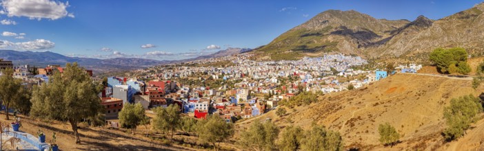 Colourful houses on a mountainside under a clear blue sky, Morocco, Chefchaouen, panorama