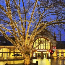 Central Station with Christmas lights in the evening, Witten, Ruhr area, North Rhine-Westphalia,