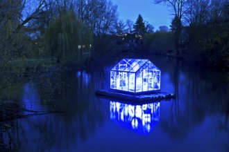 The river Lippe with the artwork Arche by Christoph Hildebrand at night, Lichtpromenade Lippstadt,