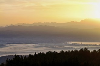 View from Horben of Lake Zug with the city of Cham and Zug covered in fog, behind it the