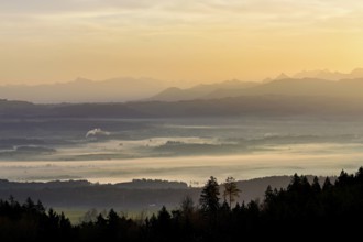 View from Horben of the Reuss Valley covered in fog, behind it the Glarus Alps in the light of the