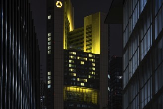 A yellow heart glows on the façade of the Commerzbank Tower in Frankfurt am Main at Christmas time