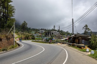 A winding road in a rural area with buildings, trees and a cloudy sky, road through the mountains