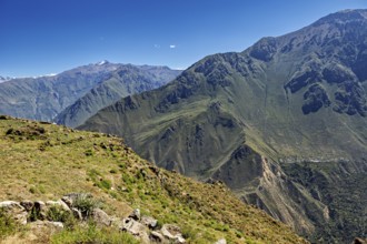 Clear view of a vast mountain landscape under a blue sky, The mountains and valleys of the Colca