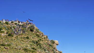 People on a cliff enjoying the view under a clear blue sky with birds in flight, tourists at Crux