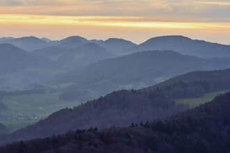View of the Jura foothills from the Gisliflue, in the light of dusk, Talheim, Canton, Aargau,