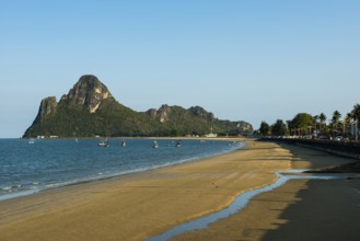 Lonely sandy beach and mountains, sunset, Prachuap Khiri Khan, Prachuap Khiri Khan Province,