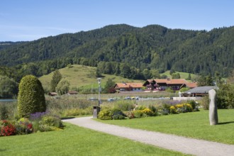 View from the spa park to the lake and district of Freudenberg, Schliersee, Upper Bavaria, Bavaria,