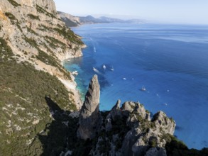 Picturesque rocky coast, cliffs with L'Aguglia pinnacle, blue sea and Cala Goloritzé beach, aerial