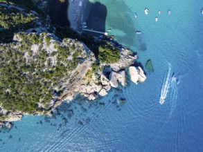 Picturesque rocky coast, cliffs and Cala Luna beach, aerial view, top-down, Golfo di Orosei,