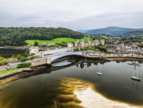 Conwy Castle over River Convy from a drone, Convy, North Wales, England, United Kingdom