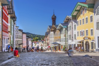 Historic market street with typical gabled houses, Bad Tölz. Isartal, Upper Bavaria, Bavaria,
