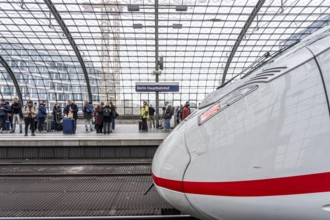 Central Station in Berlin, passengers on the platform, ICE train arrives, Germany