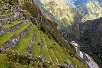 Stone terraces with deep valley, a river river and dense vegetation in the mountains of Machu