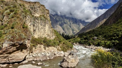 River flows through impressive rocky landscape, The Urubamba Valley near Machu Picchu in Peru