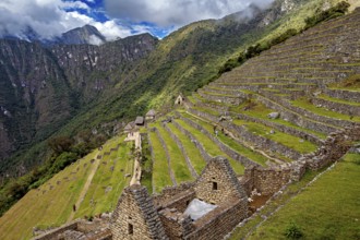 Ancient stone structures and terraces on a green mountainside under clouds, the ruins of the Inca