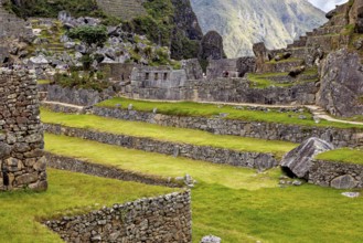 Inca stone walls and green terraces in the midst of a mountainous landscape near Machu Picchu, The
