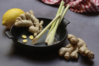 Ginger, ginger root and lemongrass in pot