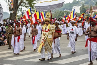 A solemn procession with people in white robes and colorful flags on the street, The Perahera