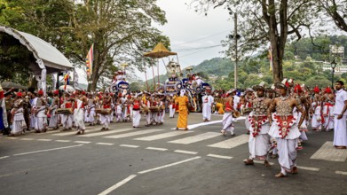 Dancers march in a colorful parade with music and decorated elephants, The Perahera Parade in Kandy