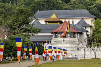 Historic building with colorful flags and group of visitors in a green setting, The Temple of the