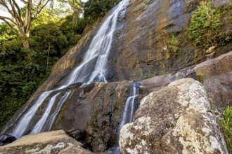 An impressive waterfall falls over a steep rock face surrounded by lush vegetation and rocks, tea