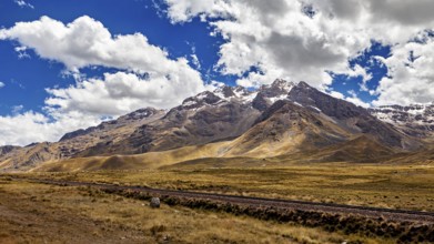Impressive mountain range with snowy peaks under a cloudy blue sky, the landscape in the highlands