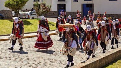 Group of people wearing masks and traditional garments at a parade, Traditional procession of