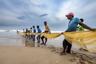 Fishing community draws a long net from the sea, focus on teamwork, traditional fishermen on