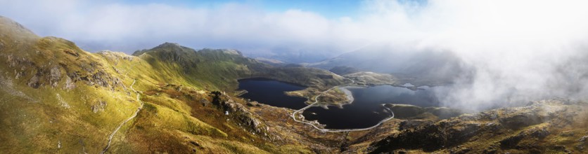 Pyg Track over Llyn Llydaw lake from a drone, Pen-y-Pass, mountain pass, Snowdonia, Gwynedd,