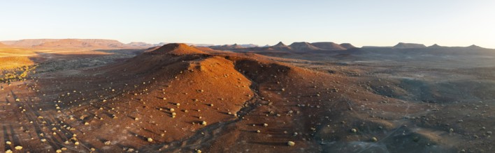 Aerial view, evening mood, hills and dry landscape near Palmwag, Kunene region, Namibia