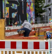 Barriers and signs with traffic signs at road construction sites in Berlin Mitte, Berlin, Germany